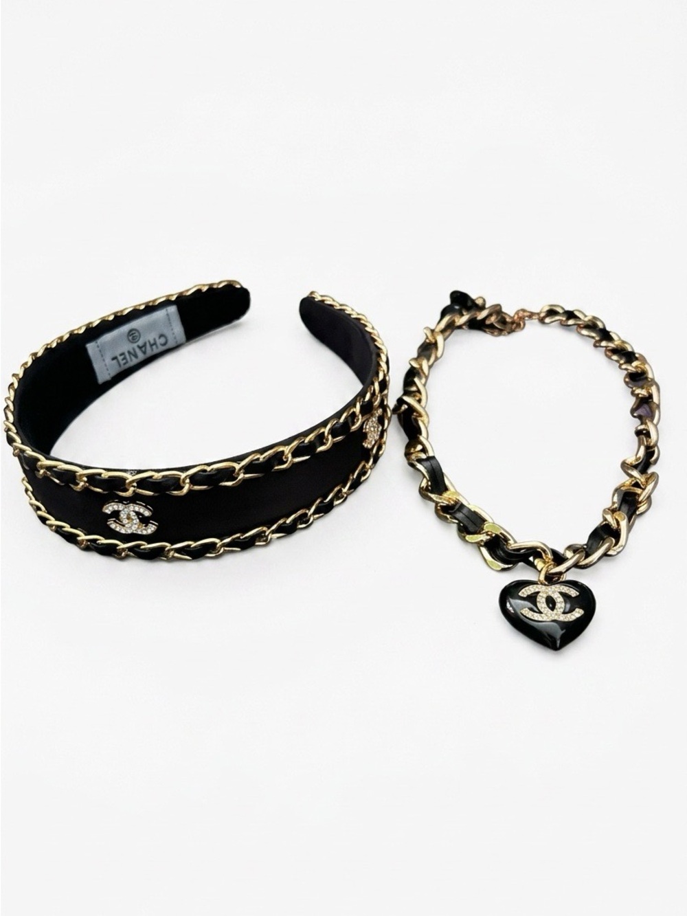 Fashion Jewelry Black & Gold Chain Headband and Heart Charm Necklace